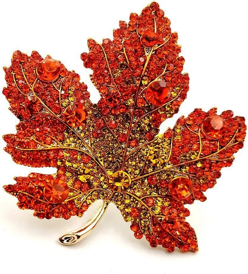 Vintage Stylish Full Micro Pave Yellow Orange Red Crystal Big Maple Leaf Brooch Pin Autumn Jewelry