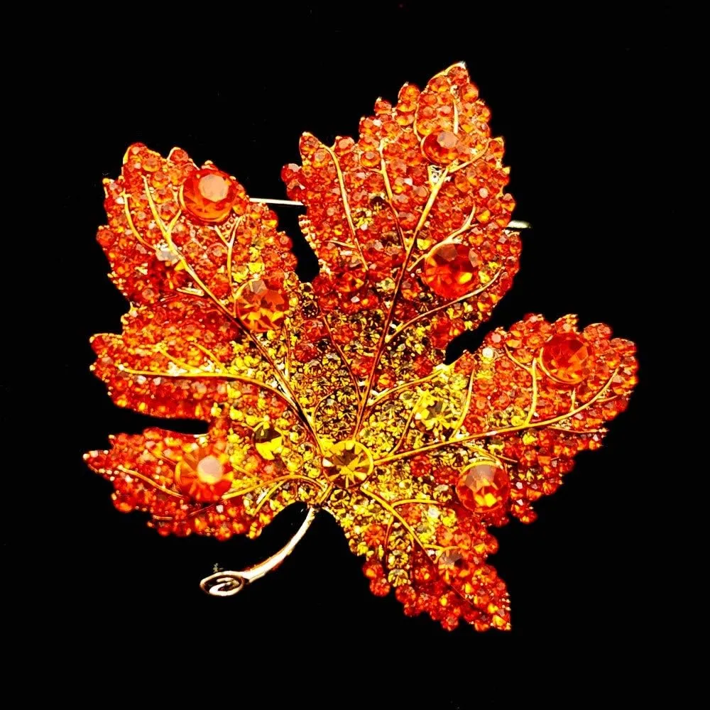Vintage Stylish Full Micro Pave Yellow Orange Red Crystal Big Maple Leaf Brooch Pin Autumn Jewelry