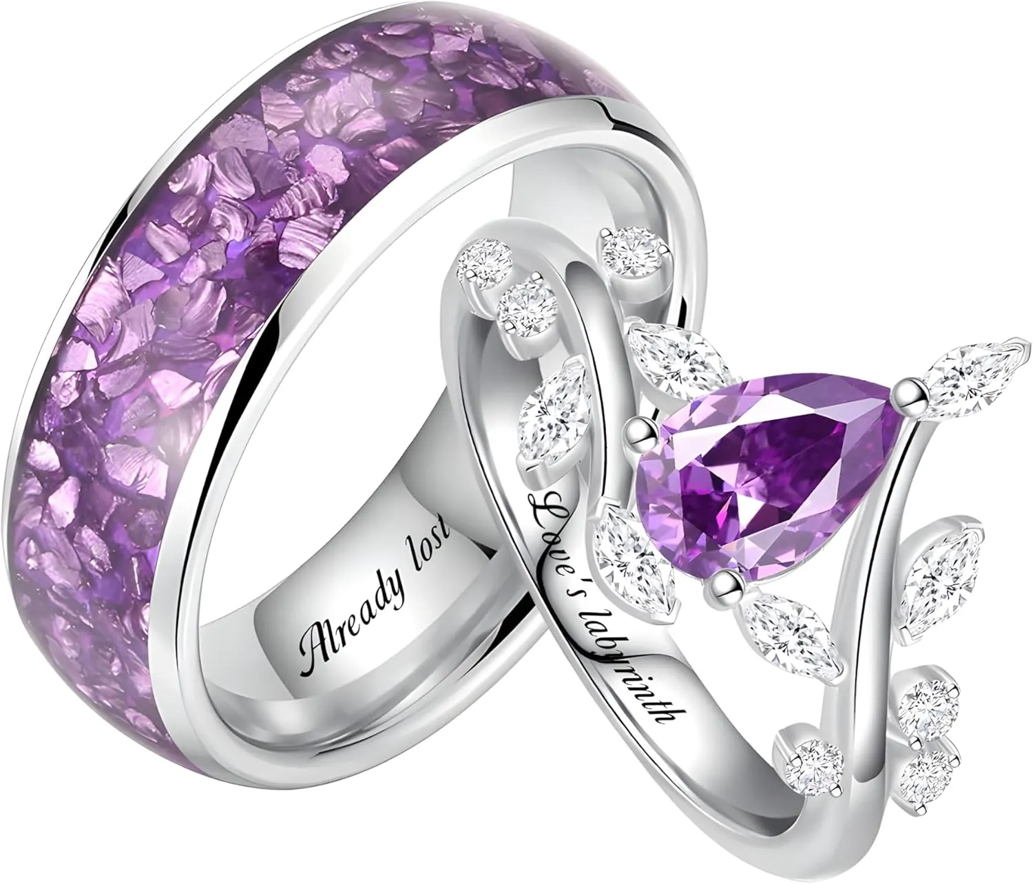 Violet Crystal Couple Rings - Custom Couple Bands - Engagement Ring for Women - Purple Crystal Wedding Rings - Sliver Promise Rings for Her - Couple