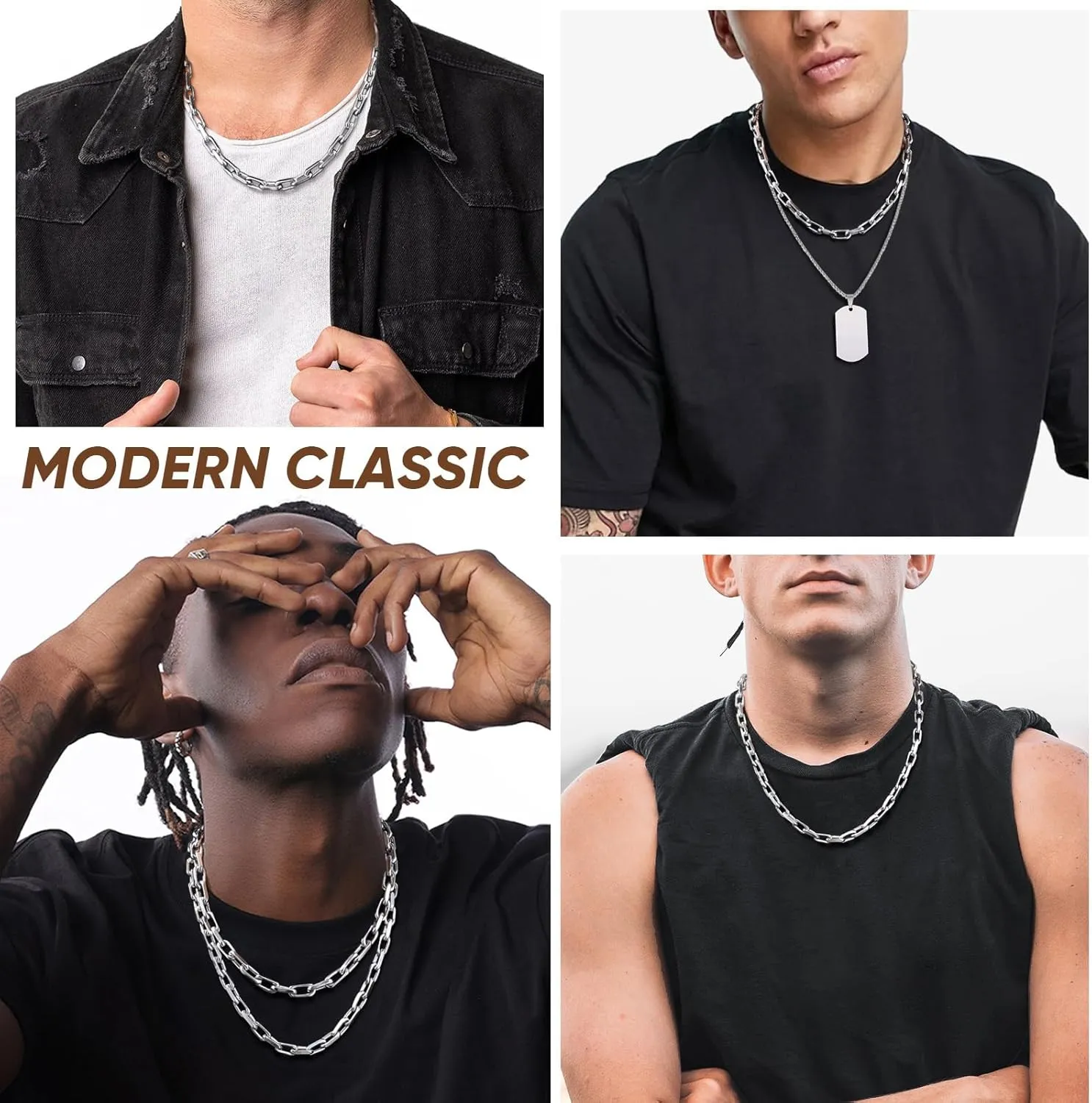 VNOX Silver Paperclip Necklace for Men, 7mm Solid Diamond-Cut Chunky Stainless Steel Anchor Link Chain Mens Necklaces Jewelry Gifts for Men Dad Boyferiend, 18/20/22/24 Inchs