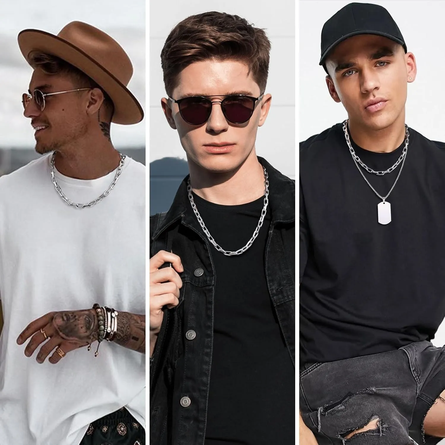 VNOX Silver Paperclip Necklace for Men, 7mm Solid Diamond-Cut Chunky Stainless Steel Anchor Link Chain Mens Necklaces Jewelry Gifts for Men Dad Boyferiend, 18/20/22/24 Inchs