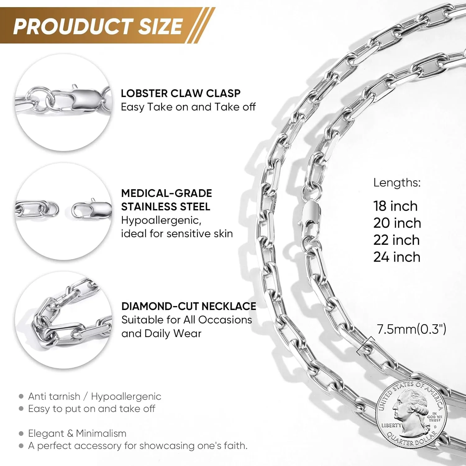 VNOX Silver Paperclip Necklace for Men, 7mm Solid Diamond-Cut Chunky Stainless Steel Anchor Link Chain Mens Necklaces Jewelry Gifts for Men Dad Boyferiend, 18/20/22/24 Inchs