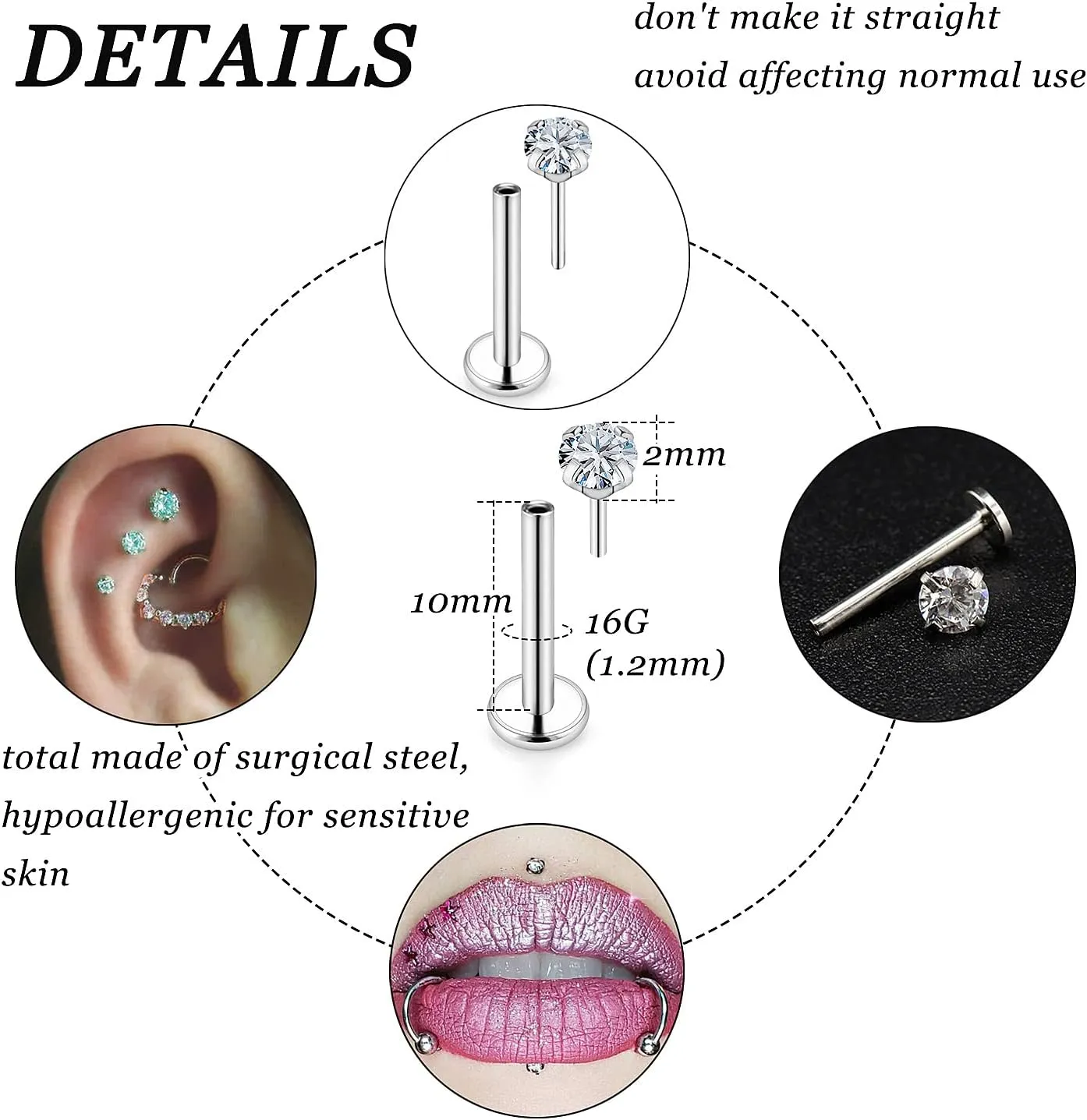 Vsnnsns 16G 18G 20G Threadless Push in Lip Rings Stainless Steel Flat Back Nose Rings Studs Tragus Helix Conch Cartilage Lobe Earrings Stud Piercing Jewelry for Women Men Diamond CZ Silver