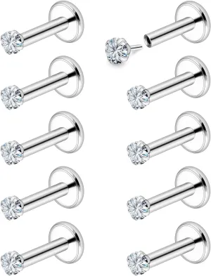 Vsnnsns 18G 20G Threadless Push in Nose Rings Studs for Women Stainless Steel Flat Back Studs Earrings Tragus Helix Conch Cartilage Lobe Earrings Stud Piercing Jewelry for Women Men Diamond CZ Silver