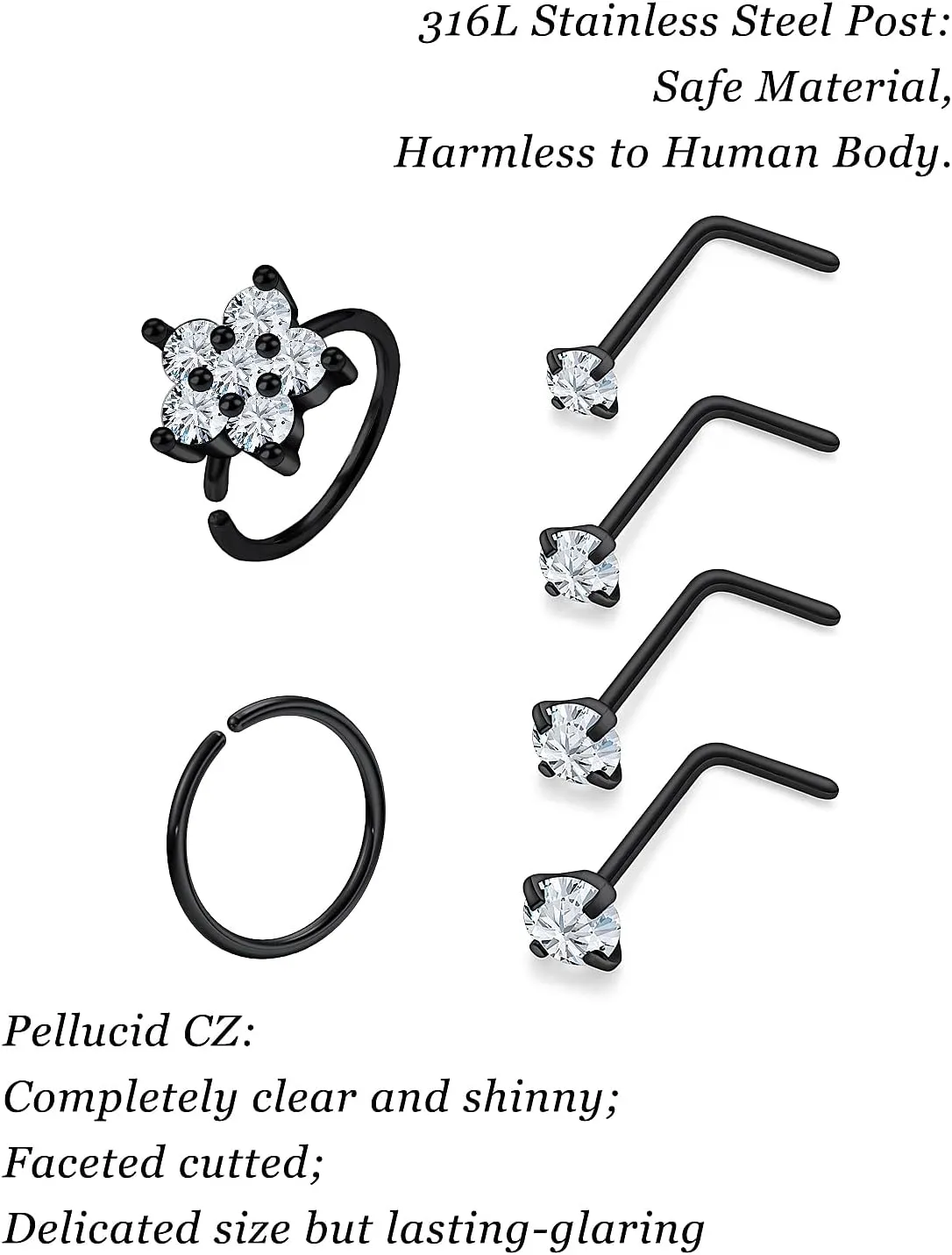 Vsnnsns 18G Nose Rings for Women Surgical Steel Nose Rings Hoops L Shaped Nose Studs Opal Nose Hoop Rings 1.5mm 2mm 2.5mm 3mm Diamond CZ Nose Ring Piercing Jewelry Silver Black Rose Gold 15-20Pcs
