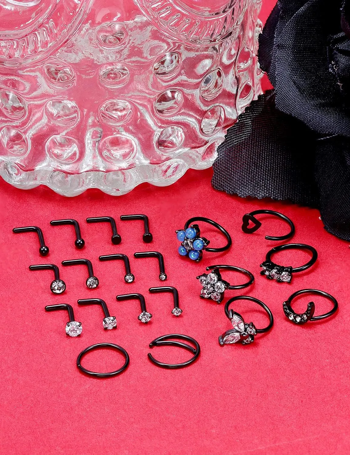 Vsnnsns 18G Nose Rings for Women Surgical Steel Nose Rings Hoops L Shaped Nose Studs Opal Nose Hoop Rings 1.5mm 2mm 2.5mm 3mm Diamond CZ Nose Ring Piercing Jewelry Silver Black Rose Gold 15-20Pcs