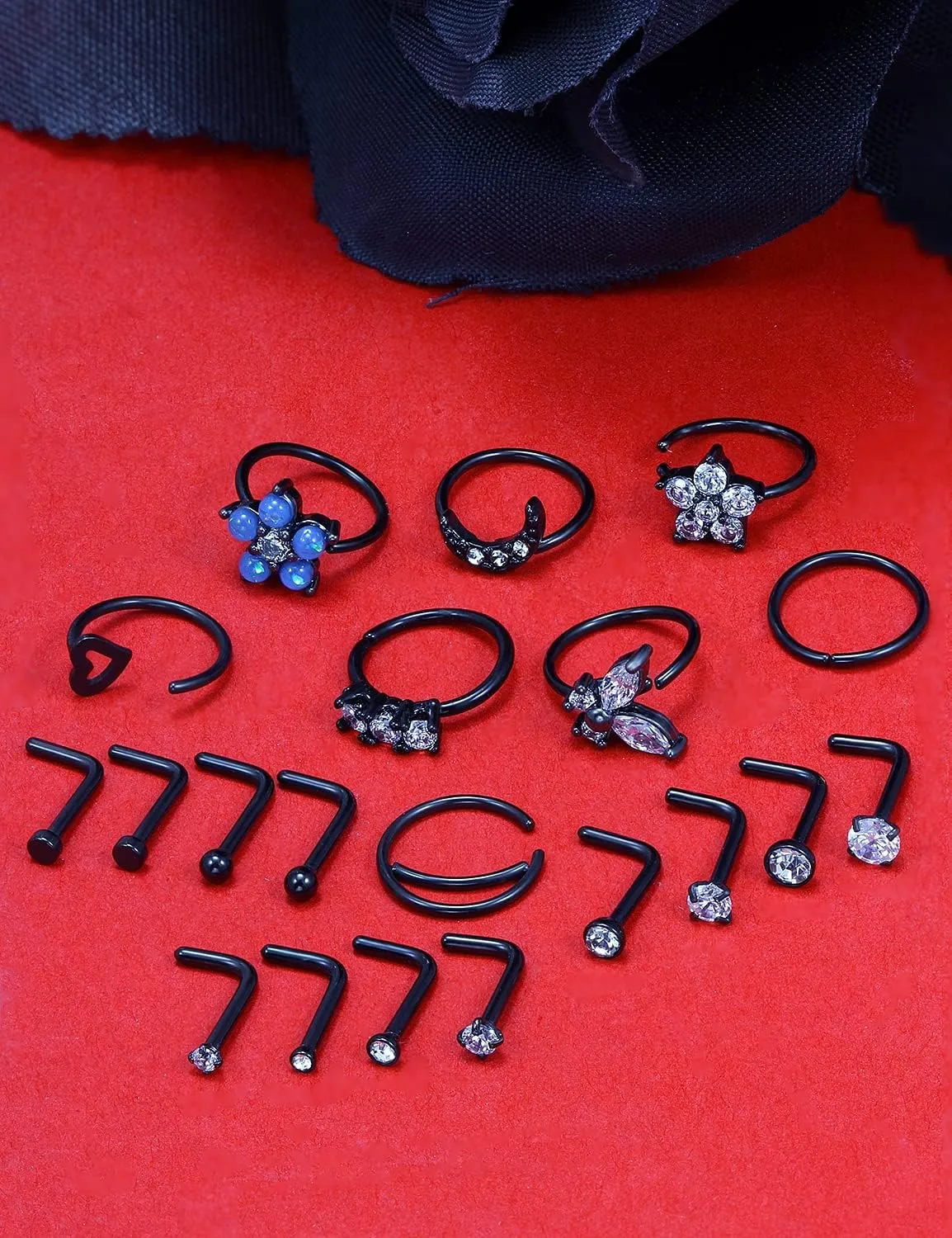 Vsnnsns 18G Nose Rings for Women Surgical Steel Nose Rings Hoops L Shaped Nose Studs Opal Nose Hoop Rings 1.5mm 2mm 2.5mm 3mm Diamond CZ Nose Ring Piercing Jewelry Silver Black Rose Gold 15-20Pcs