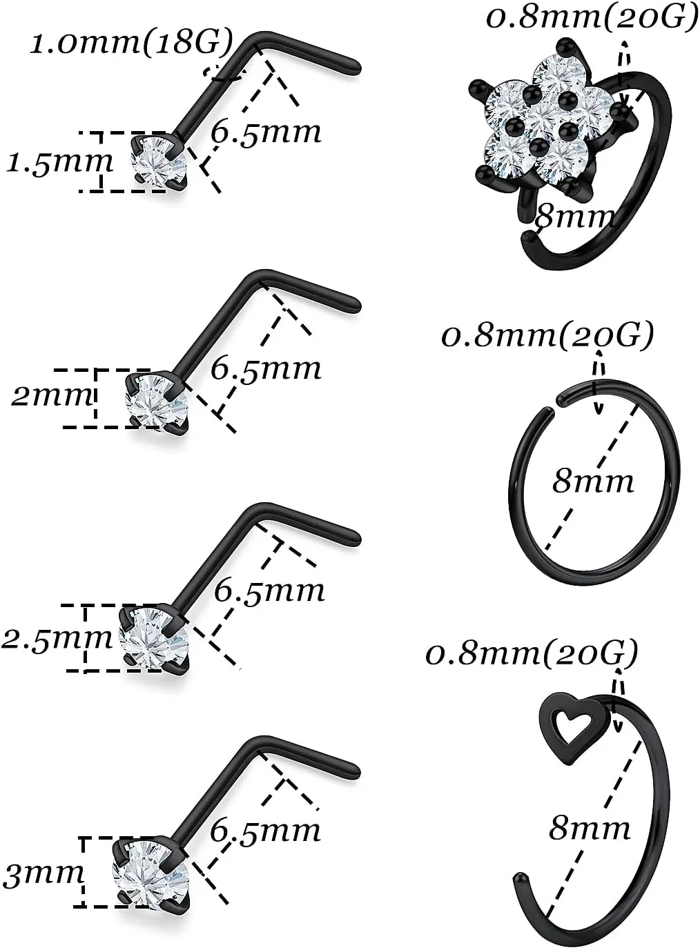 Vsnnsns 18G Nose Rings for Women Surgical Steel Nose Rings Hoops L Shaped Nose Studs Opal Nose Hoop Rings 1.5mm 2mm 2.5mm 3mm Diamond CZ Nose Ring Piercing Jewelry Silver Black Rose Gold 15-20Pcs