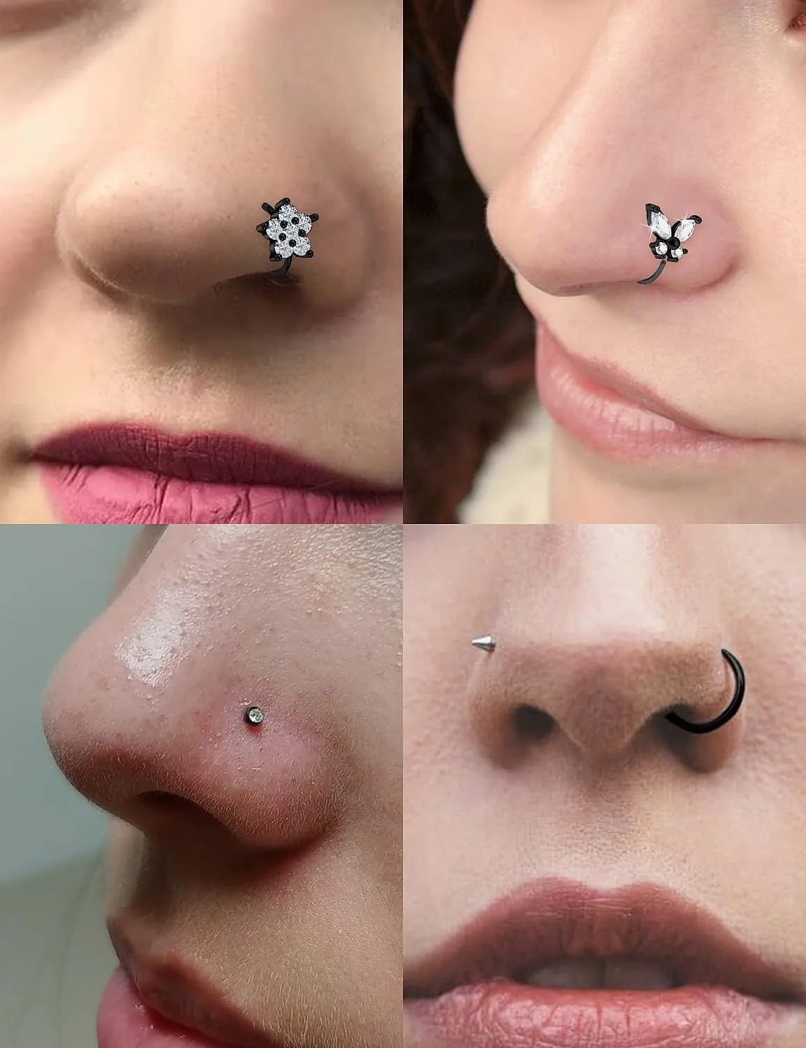 Vsnnsns 18G Nose Rings for Women Surgical Steel Nose Rings Hoops L Shaped Nose Studs Opal Nose Hoop Rings 1.5mm 2mm 2.5mm 3mm Diamond CZ Nose Ring Piercing Jewelry Silver Black Rose Gold 15-20Pcs