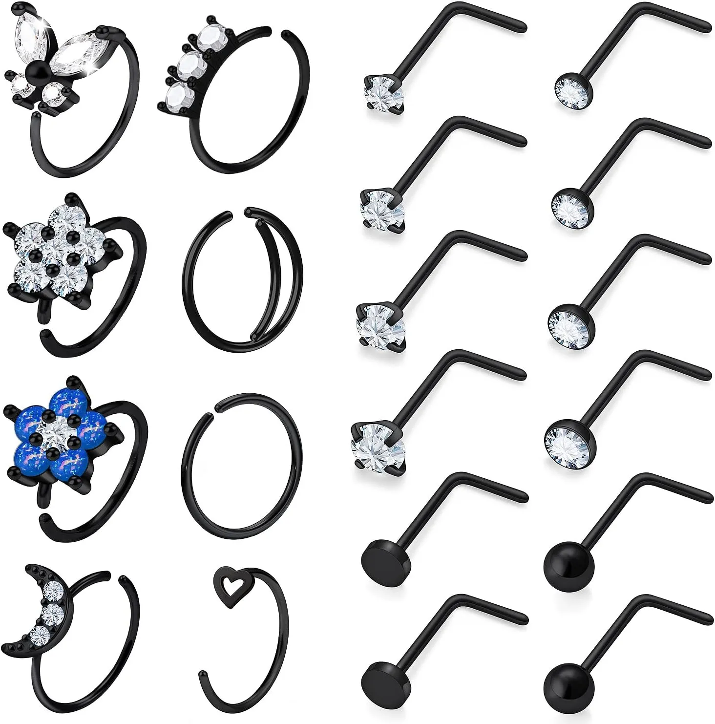 Vsnnsns 18G Nose Rings for Women Surgical Steel Nose Rings Hoops L Shaped Nose Studs Opal Nose Hoop Rings 1.5mm 2mm 2.5mm 3mm Diamond CZ Nose Ring Piercing Jewelry Silver Black Rose Gold 15-20Pcs