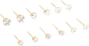 Waterproof Gold Plated Stainless Steel Cubic Zirconia Stud Earrings 6-Pack | Premium Gold PVD Plated | Hypoallergenic | Long Lasting Brilliance