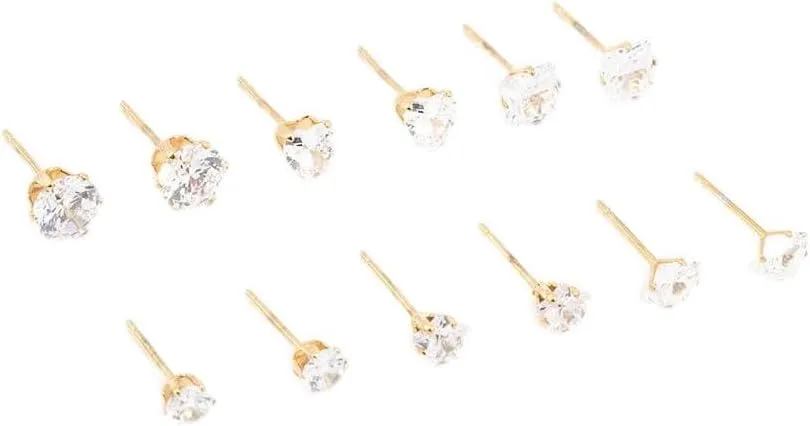 Waterproof Gold Plated Stainless Steel Cubic Zirconia Stud Earrings 6-Pack | Premium Gold PVD Plated | Hypoallergenic | Long Lasting Brilliance