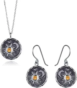 WCRAZYE Bohemian Sun Moon Earrings and Necklace Set for Women Vintage Handmade Lightweight Antiqued Gold Silver Round Coin Earrings Retro Boho Chain Long Celestial Necklaces Minimalist Jewelry