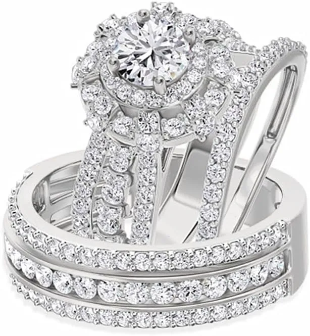Wedding Ring Set Trio Rings His Hers Couples Rings S925 10K 14K 18K Gold 3/4 CT Moissanite Engagement Rings Sets for Women Bridal Sets & Men's Wedding Band Free Engraved