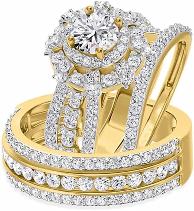 Wedding Ring Set Trio Rings His Hers Couples Rings S925 10K 14K 18K Gold 3/4 CT Moissanite Engagement Rings Sets for Women Bridal Sets & Men's Wedding Band Free Engraved