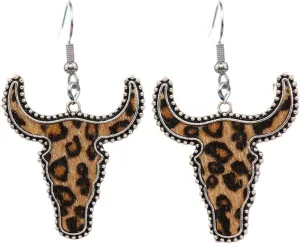 Western Cowgirl Earrings Cow Cattle Head Leather Dangle Earrings Bohemian Vintage Handmade Turquoise Animal Print Earrings