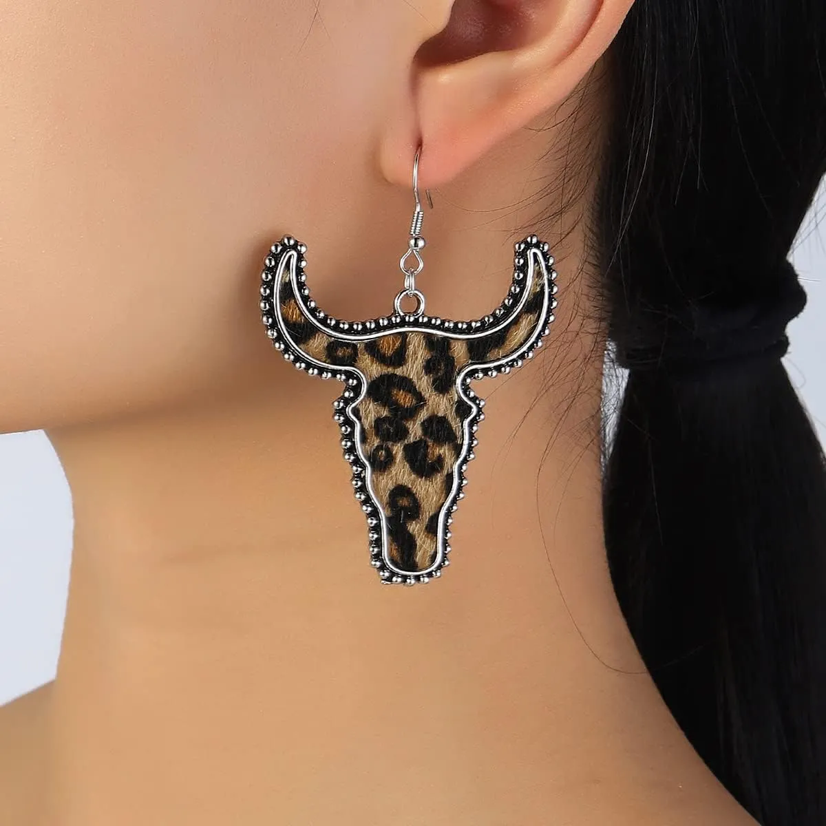 Western Earrings Cute Hat Texas Boots Cactus Cow Head Teardrop Wooden Dangle Earrings for Women Vintage Handmade Boho Animal Cow Print Leather Drop Earrings Jewelry Gift