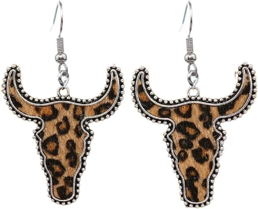 Western Earrings Cute Hat Texas Boots Cactus Cow Head Teardrop Wooden Dangle Earrings for Women Vintage Handmade Boho Animal Cow Print Leather Drop Earrings Jewelry Gift