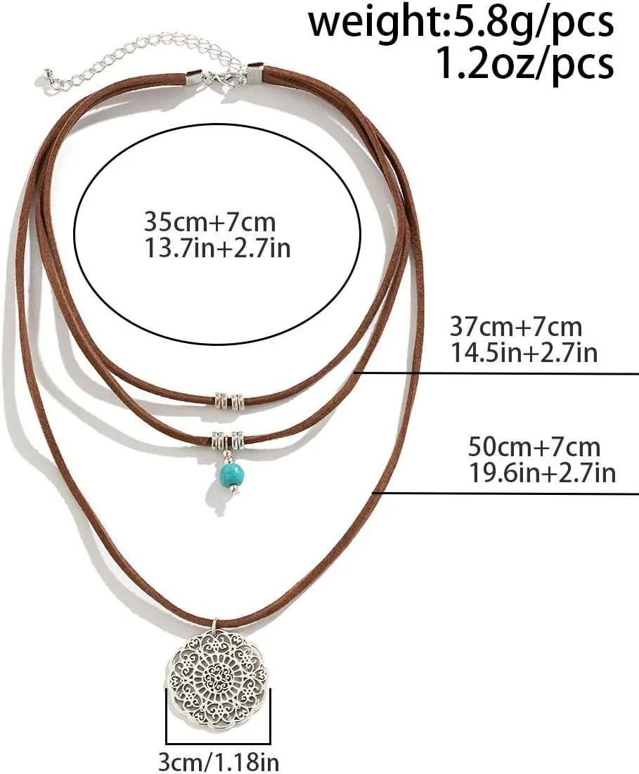 Western Turquoise Layered Chain Necklaces Brown Suede Choker Necklace Set Boho Jewelry Gifts for Women Cowgirls