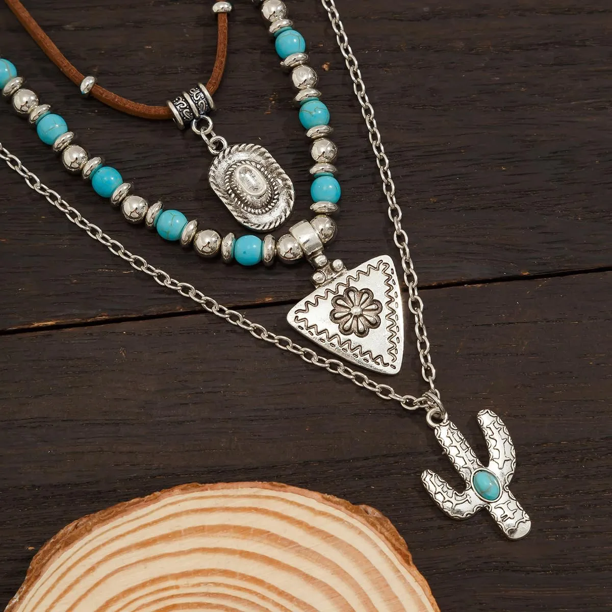 Western Turquoise Layered Chain Necklaces Brown Suede Choker Necklace Set Boho Jewelry Gifts for Women Cowgirls