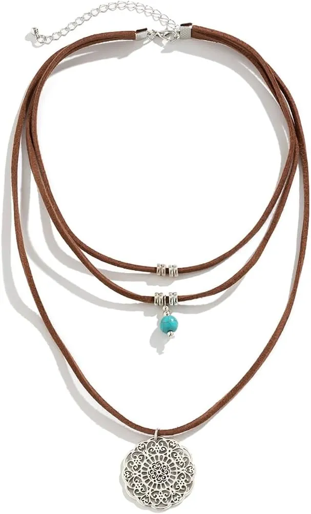 Western Turquoise Layered Chain Necklaces Brown Suede Choker Necklace Set Boho Jewelry Gifts for Women Cowgirls