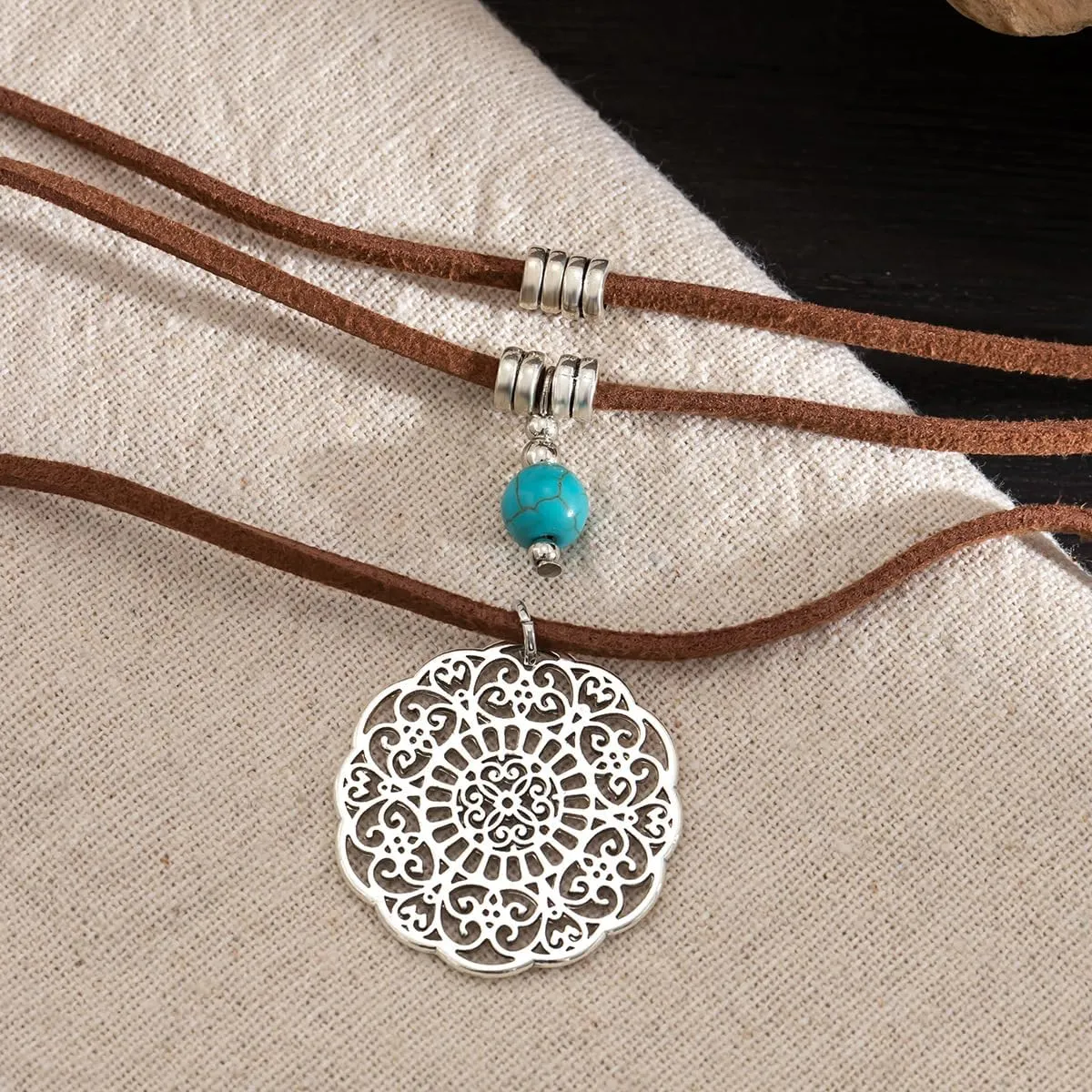 Western Turquoise Layered Chain Necklaces Brown Suede Choker Necklace Set Boho Jewelry Gifts for Women Cowgirls