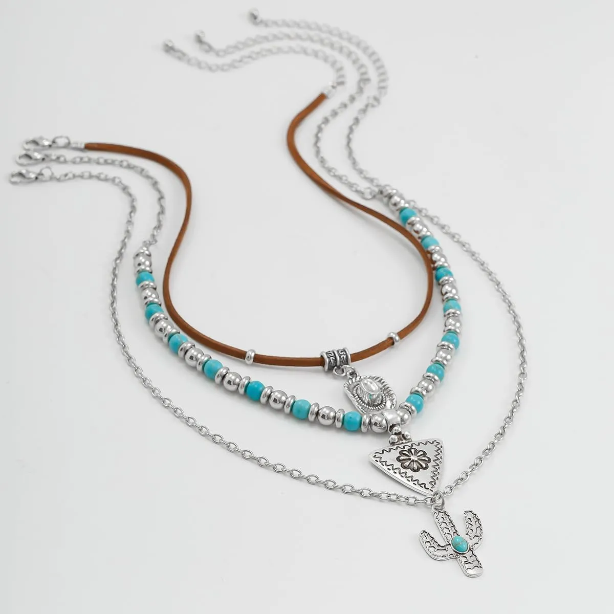 Western Turquoise Layered Chain Necklaces Brown Suede Choker Necklace Set Boho Jewelry Gifts for Women Cowgirls