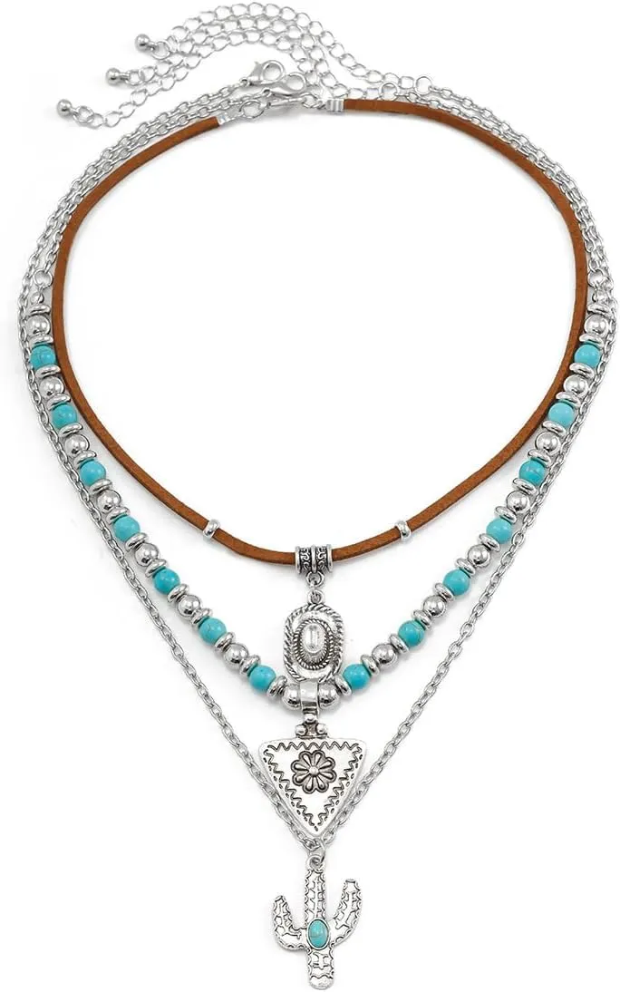 Western Turquoise Layered Chain Necklaces Brown Suede Choker Necklace Set Boho Jewelry Gifts for Women Cowgirls