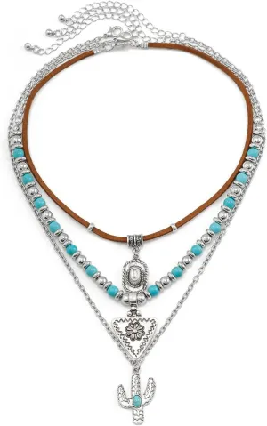 Western Turquoise Layered Chain Necklaces Brown Suede Choker Necklace Set Boho Jewelry Gifts for Women Cowgirls