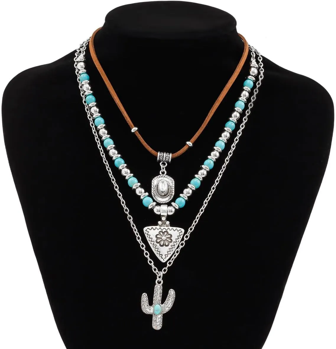 Western Turquoise Layered Chain Necklaces Brown Suede Choker Necklace Set Boho Jewelry Gifts for Women Cowgirls