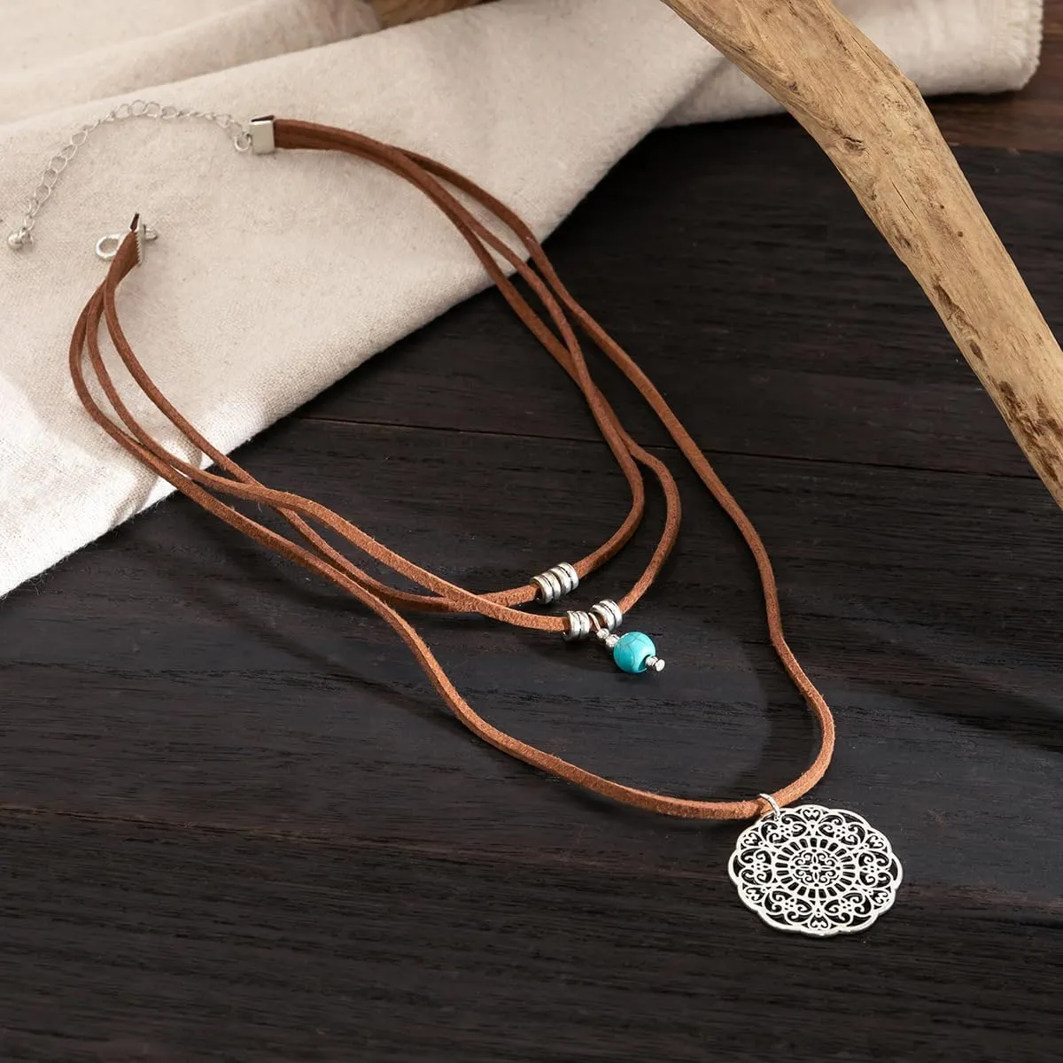 Western Turquoise Layered Chain Necklaces Brown Suede Choker Necklace Set Boho Jewelry Gifts for Women Cowgirls