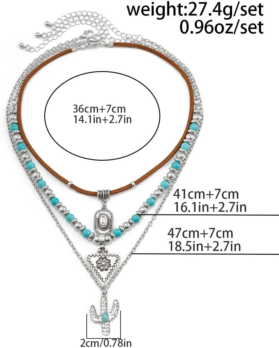 Western Turquoise Layered Chain Necklaces Brown Suede Choker Necklace Set Boho Jewelry Gifts for Women Cowgirls