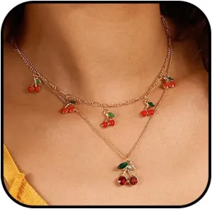 WETMT Cherry Necklace for Women Cherry Heart Pedant Necklace Layered Gold Choker Cherry Necklace Boho Fruit Cherry Necklace for Birthday Party Jewelry