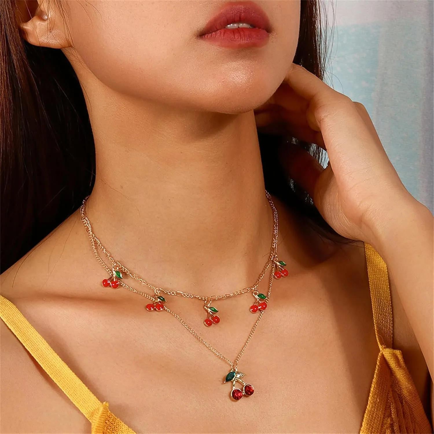 WETMT Cherry Necklace for Women Cherry Heart Pedant Necklace Layered Gold Choker Cherry Necklace Boho Fruit Cherry Necklace for Birthday Party Jewelry
