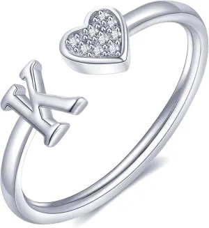 WFYOU Heart Initial Ring for Women Silver Rose Gold Plated Heart Capital Letter Initial Ring Stackable Rings for Women Adjustable Alphabet Letter Rings Jewelry Gifts