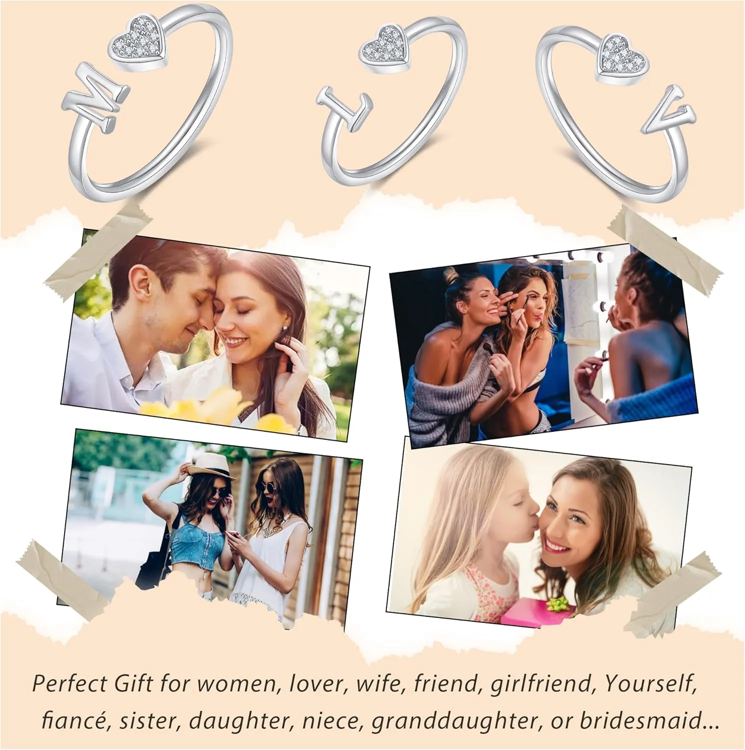 WFYOU Heart Initial Ring for Women Silver Rose Gold Plated Heart Capital Letter Initial Ring Stackable Rings for Women Adjustable Alphabet Letter Rings Jewelry Gifts