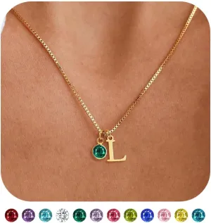 WFYOU Initial Birthstone Necklaces for Women Trendy 14K Gold Plated Letter A-Z initial Necklace Dainty Initial Birthstone Pendant Name Necklace Personalized Birthday Christmas Gifts for Women Jewelry
