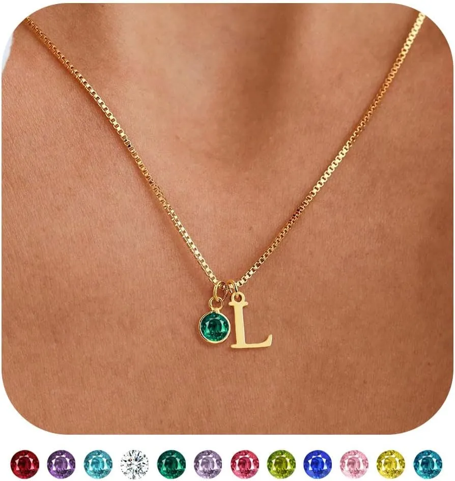 WFYOU Initial Birthstone Necklaces for Women Trendy 14K Gold Plated Letter A-Z initial Necklace Dainty Initial Birthstone Pendant Name Necklace Personalized Birthday Christmas Gifts for Women Jewelry
