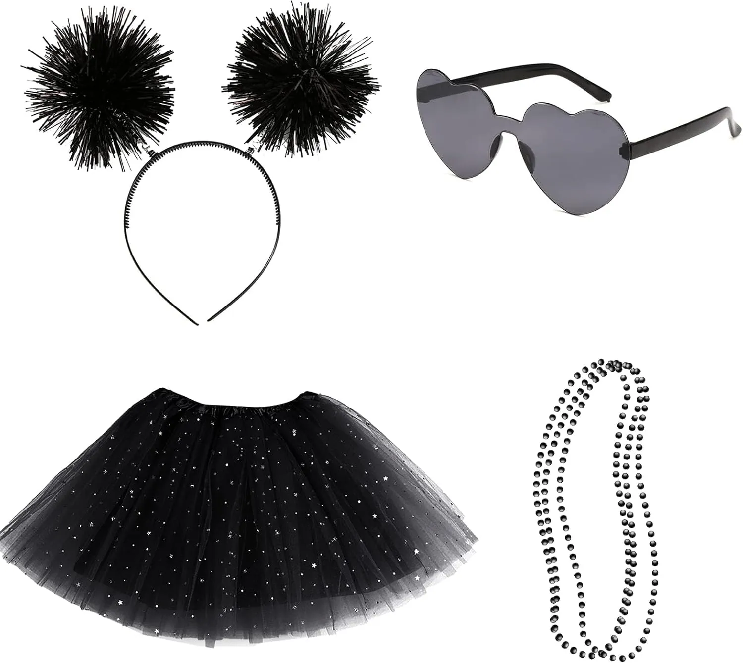 Women Costume Accessories Set for Spirit Day and Week Pom Pom Headband Layered Tulle Tutu Skirt Sunglasses Necklaces