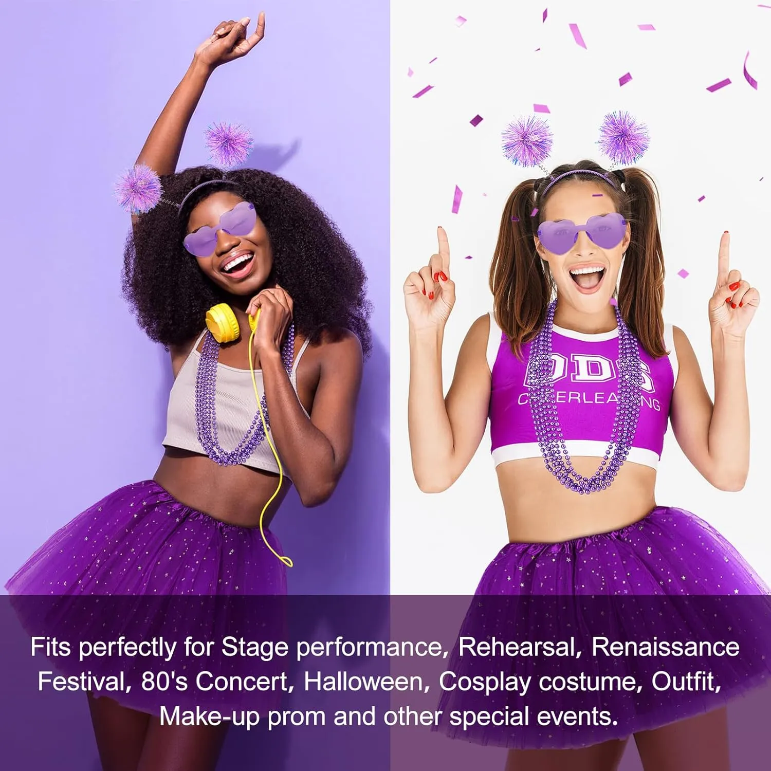 Women Costume Accessories Set for Spirit Day and Week Pom Pom Headband Layered Tulle Tutu Skirt Sunglasses Necklaces