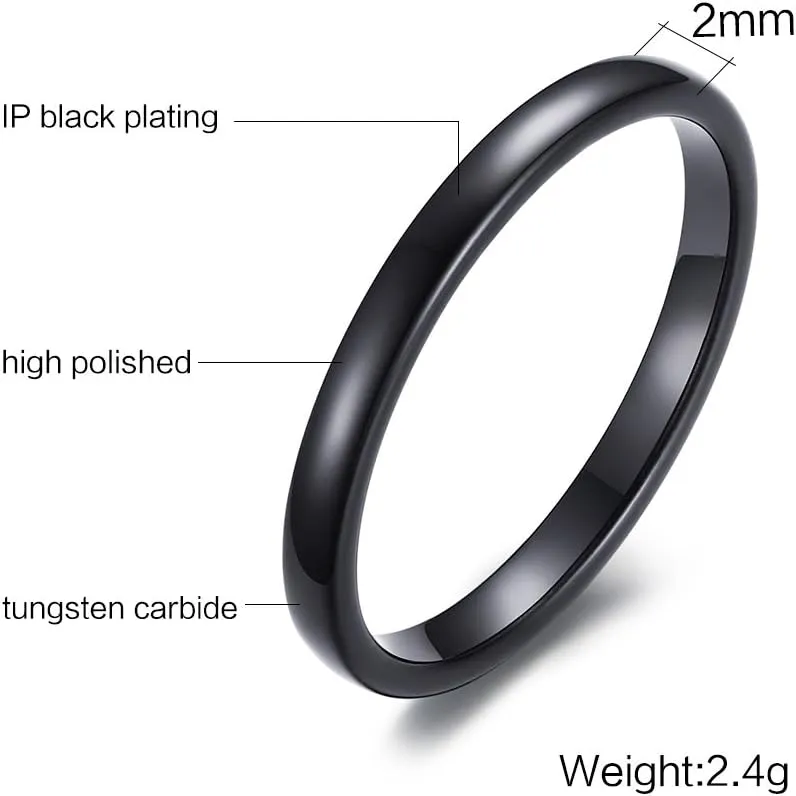 Women's Tungsten Carbide Domed Ring 2mm Engagement Wedding Band Silver Gold Black Colors