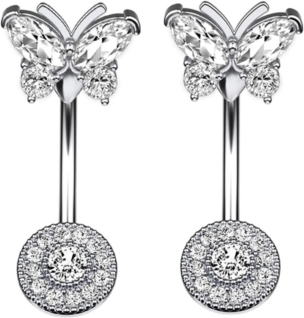 Wycian Belly Button Piercing Jewelry, Vertical Industrial Piercing Jewelry Cubic Zirconia Silver Surgical Steel Butterfly for Women Body Piercing Jewelry