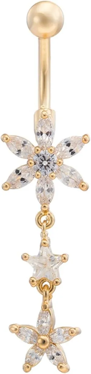 Wycian Belly Button Ring, Navel Piercing Jewelry Color Cubic Zirconia Gold White Surgical Steel Flower White 3.26G for Women Mother Body Piercing Jewelry