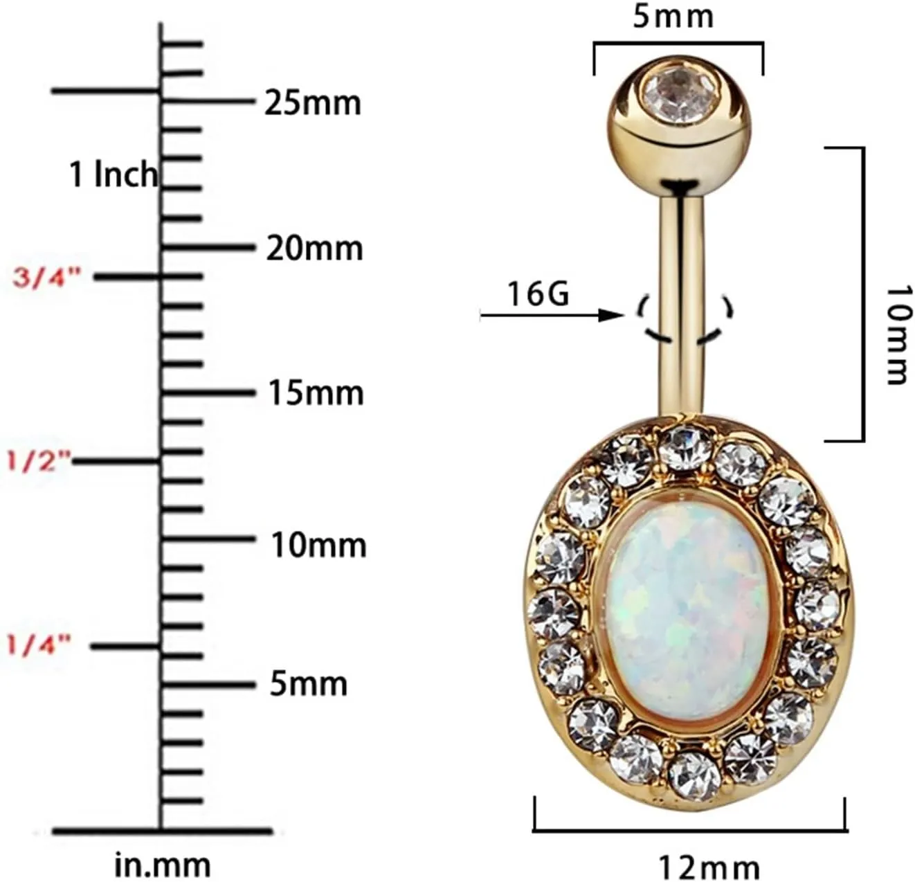 Wycian Belly Button Rings Halloween, Belly Button Ring Surgical Steel Cubic Zirconia Silver Oval Opal White 3G for Women Girls Body Piercing Jewelry