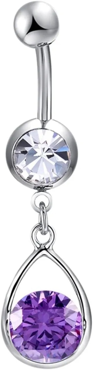 Wycian Belly Button Rings, Stainless Steel Belly Button Ring Cubic Zirconia Purple Water Drop Round 3.53G for Women Girls Body Piercing Jewelry