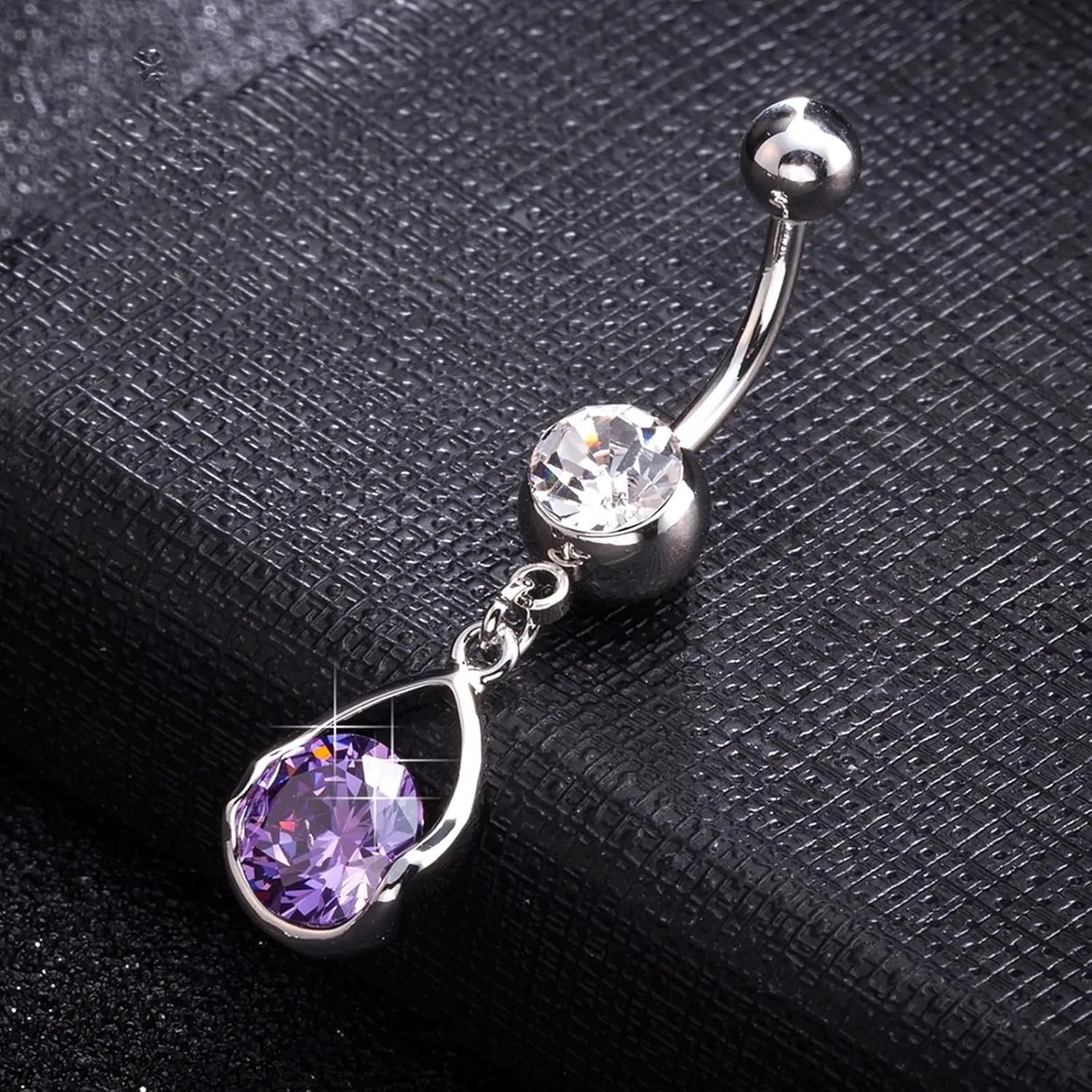 Wycian Belly Button Rings, Stainless Steel Belly Button Ring Cubic Zirconia Purple Water Drop Round 3.53G for Women Girls Body Piercing Jewelry