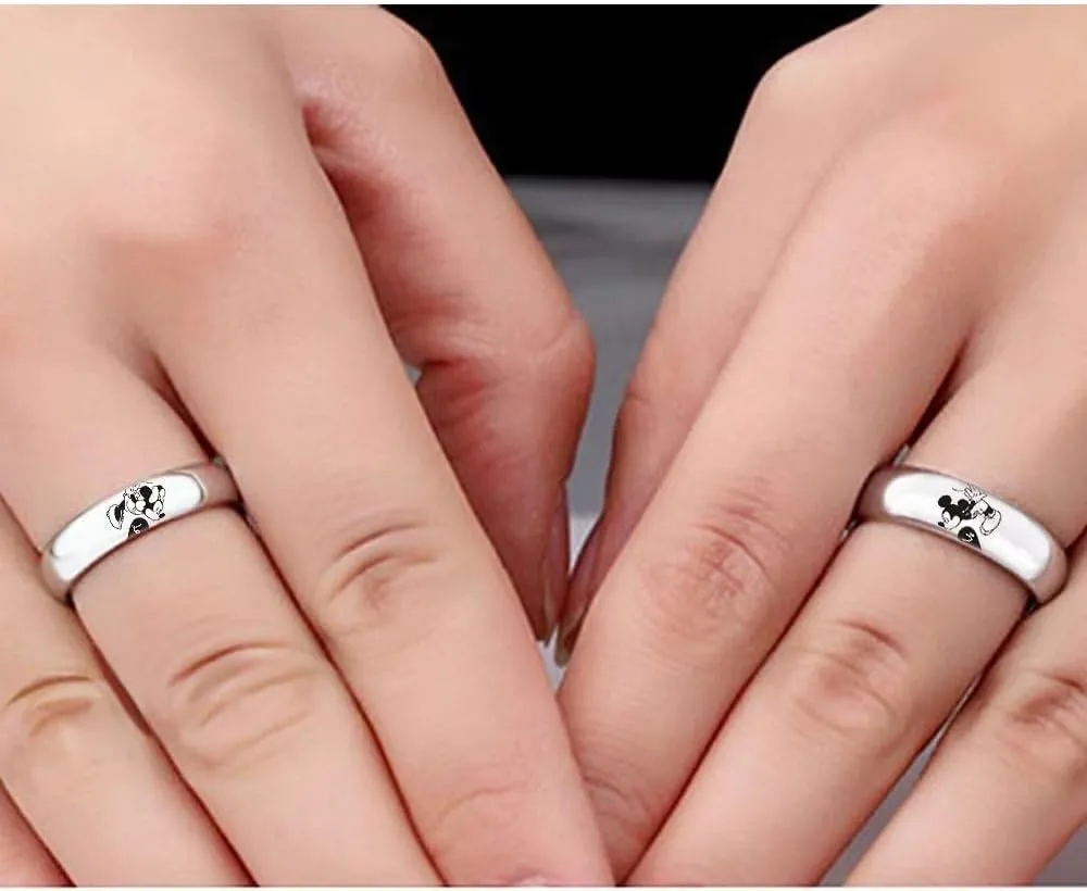XAHH Love Heart Couple Ring Mickey Minnie's Kiss Romantic Promise Rings Wedding Bands for Him and Her Stainless Steel Band Size 5-13