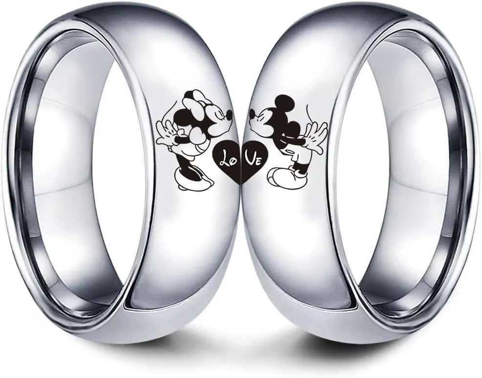 XAHH Love Heart Couple Ring Mickey Minnie's Kiss Romantic Promise Rings Wedding Bands for Him and Her Stainless Steel Band Size 5-13