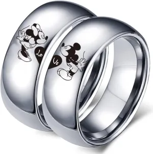XAHH Love Heart Couple Ring Mickey Minnie's Kiss Romantic Promise Rings Wedding Bands for Him and Her Stainless Steel Band Size 5-13
