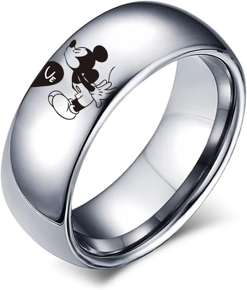 XAHH Love Heart Couple Ring Mickey Minnie's Kiss Romantic Promise Rings Wedding Bands for Him and Her Stainless Steel Band Size 5-13